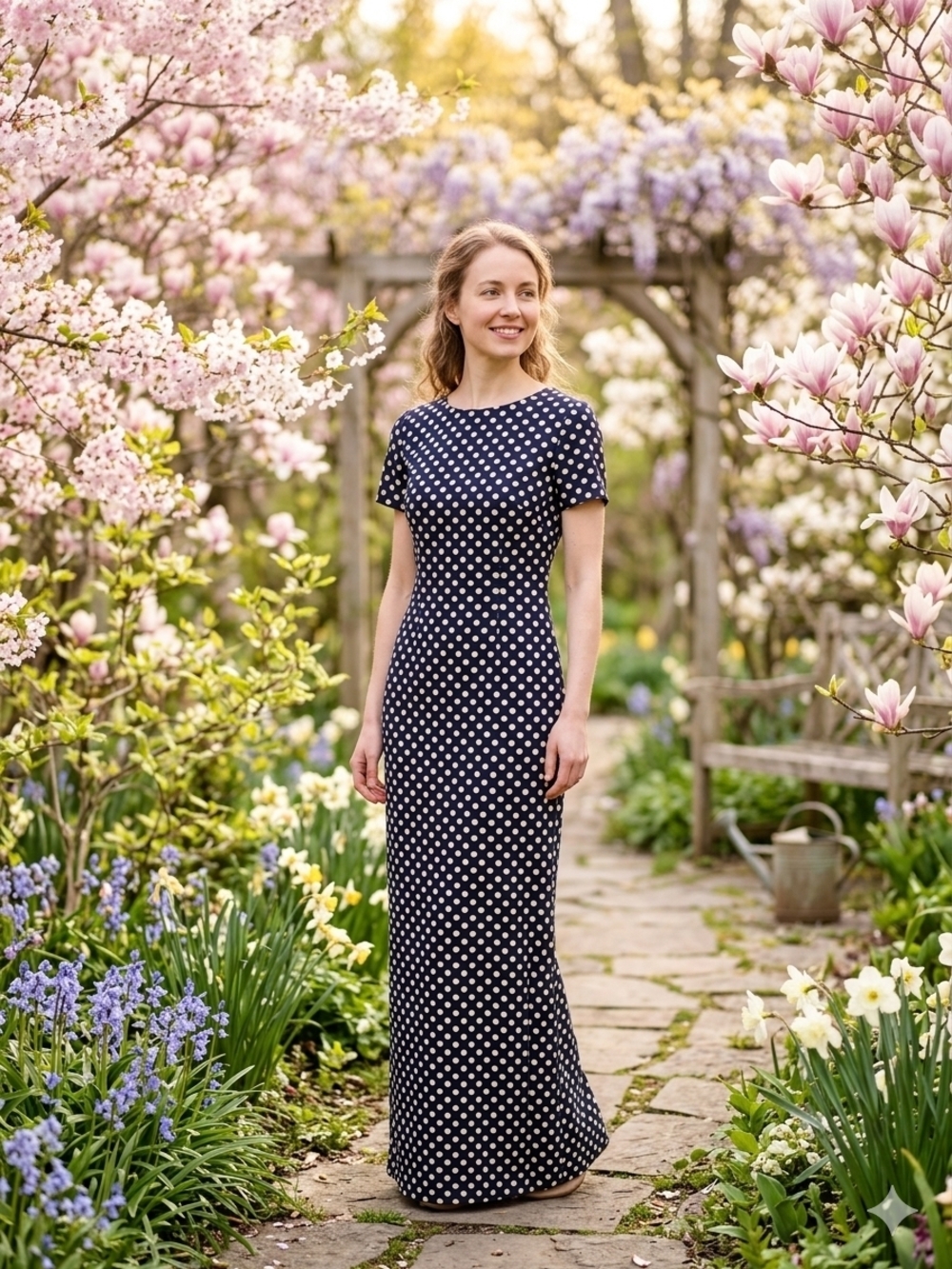 GRECERELLE Women’s Small Maxi Dress Blue & White Polka Dot Flowy Spring Basic
